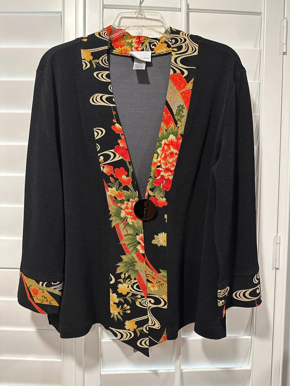 Soft Surroundings Black Floral Trim Open Front Jacket Cardigan L Kimono Style